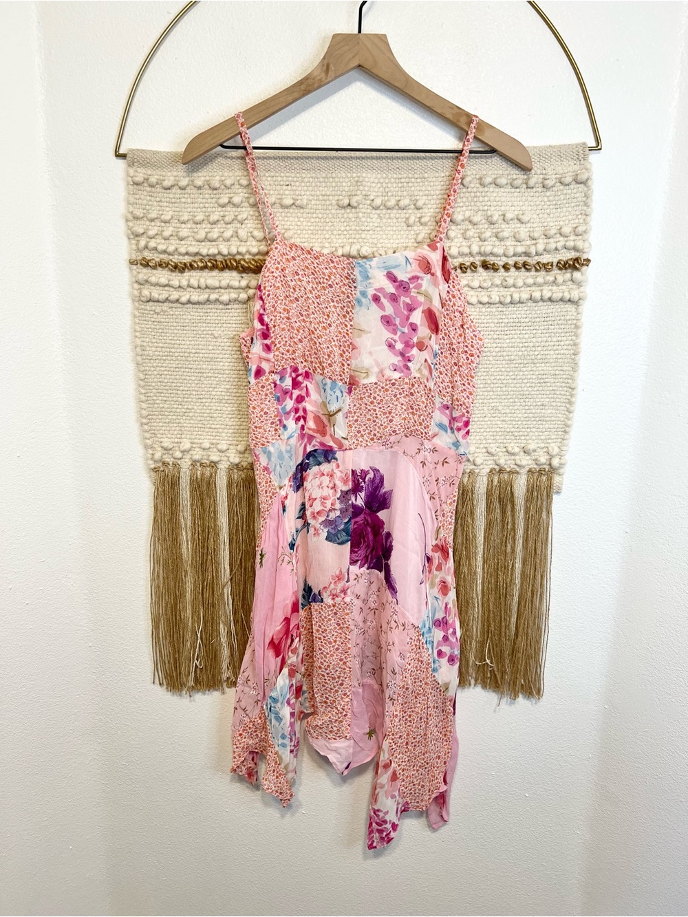 Vintage Pink Floral Patchwork Summer Dress Spaghetti Straps Y2K Fairy M